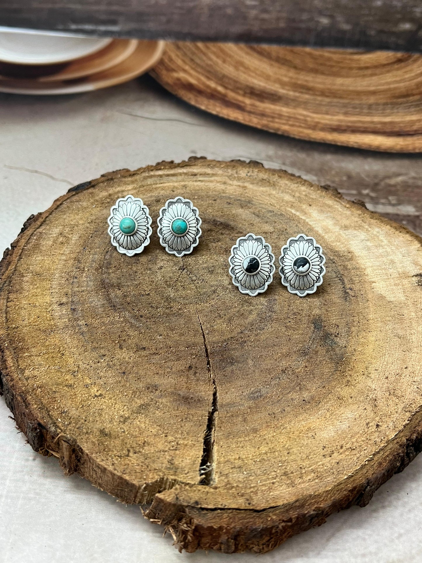 Handmade Sterling Silver Kingman Turquoise, White Buffalo Post Stud Earrings with Signed Nizhoni