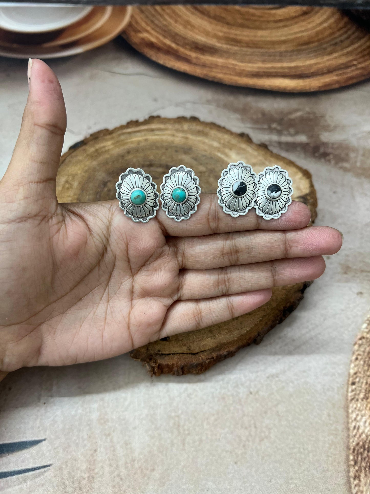 Handmade Sterling Silver Kingman Turquoise, White Buffalo Post Stud Earrings with Signed Nizhoni