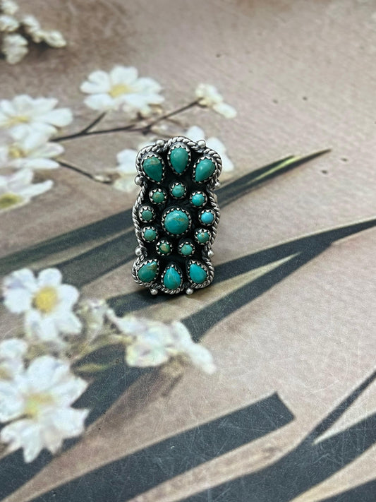 Handmade Sterling Silver Kingman Turquoise Adjustable Rings with Signed Nizhoni