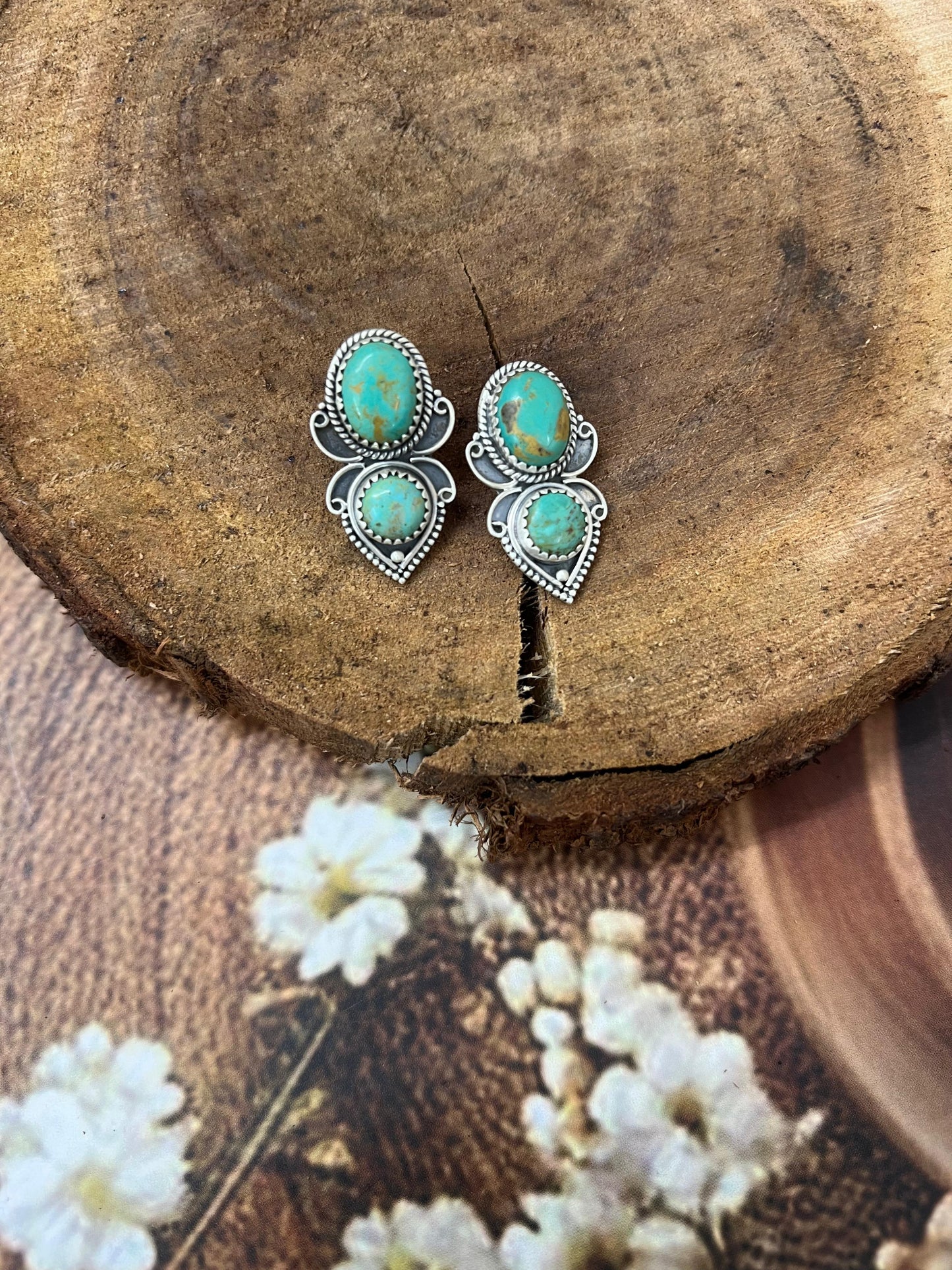 Handmade Sterling Silver Old Stock Royston Turquoise Post Earrings with Signed Nizhoni