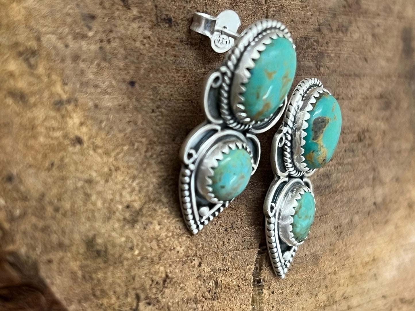 Handmade Sterling Silver Old Stock Royston Turquoise Post Earrings with Signed Nizhoni