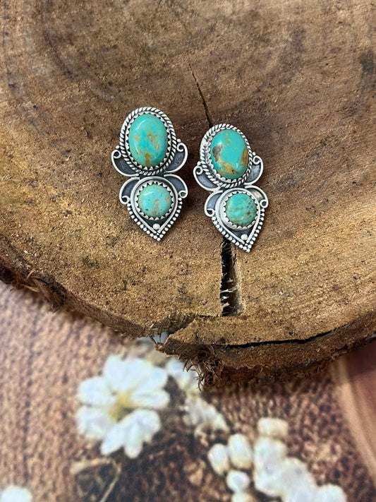 Handmade Sterling Silver Old Stock Royston Turquoise Post Earrings with Signed Nizhoni