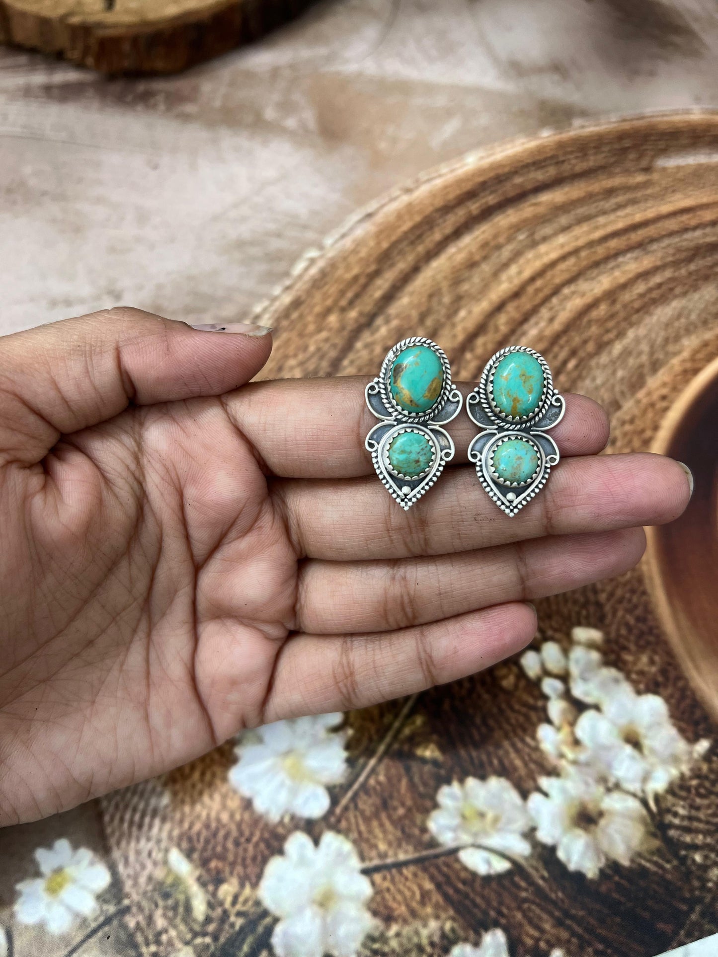 Handmade Sterling Silver Old Stock Royston Turquoise Post Earrings with Signed Nizhoni