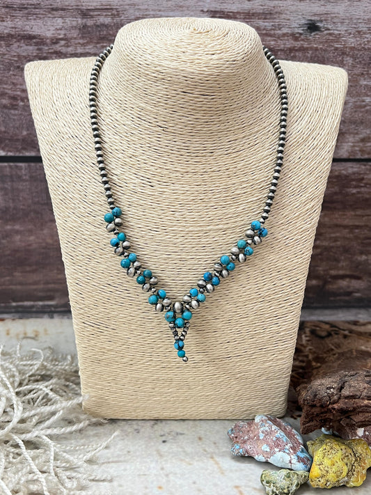 Handmade Sterling Silver Kingman Turquoise Beaded Necklace with Signed Nizhoni