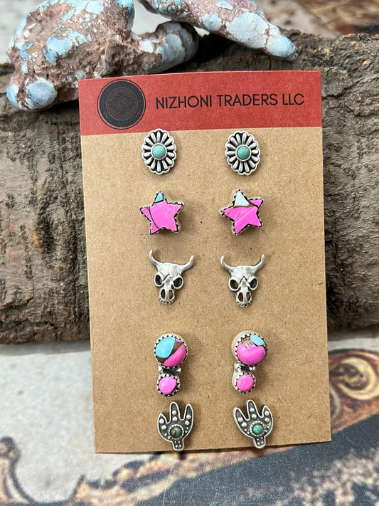 Handmade Sterling Silver Cotton Candy Post (Studs) Earrings Set with Signed Nizhoni