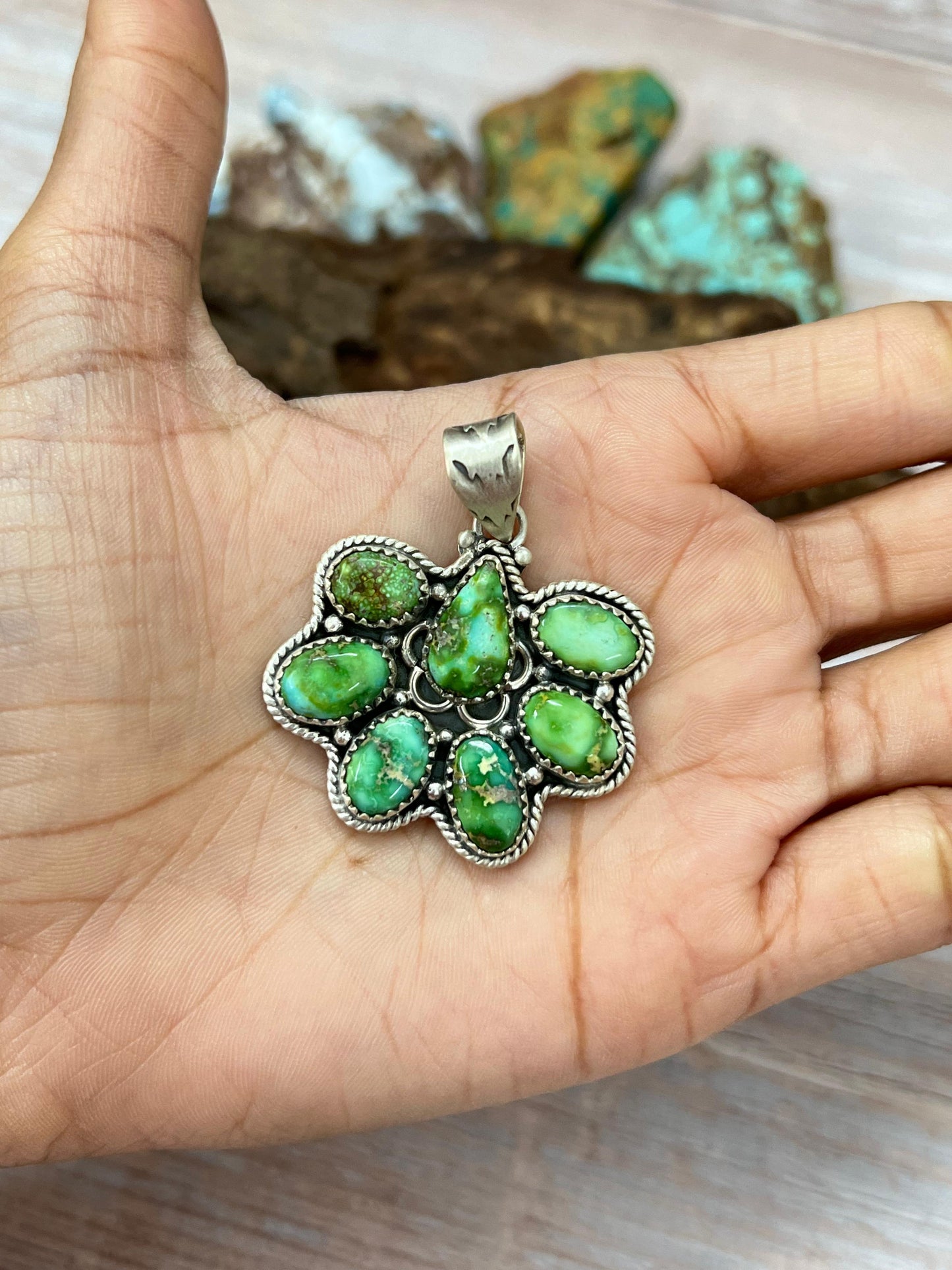 Handmade Sterling Silver Sonoran Mountain Turquoise Pendant with Signed Nizhoni