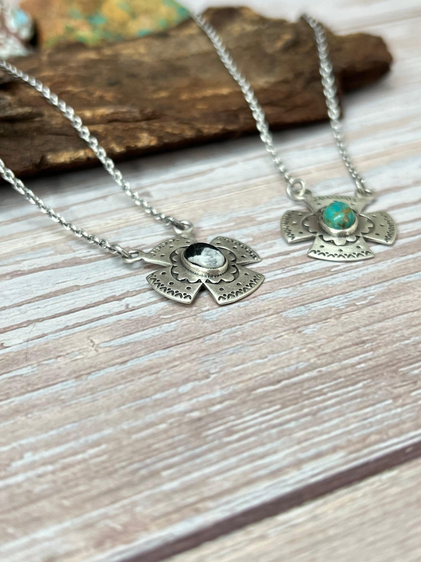 Handmade Sterling Silver Kingman Turquoise, White Buffalo Cross Necklace with Signed Nizhoni