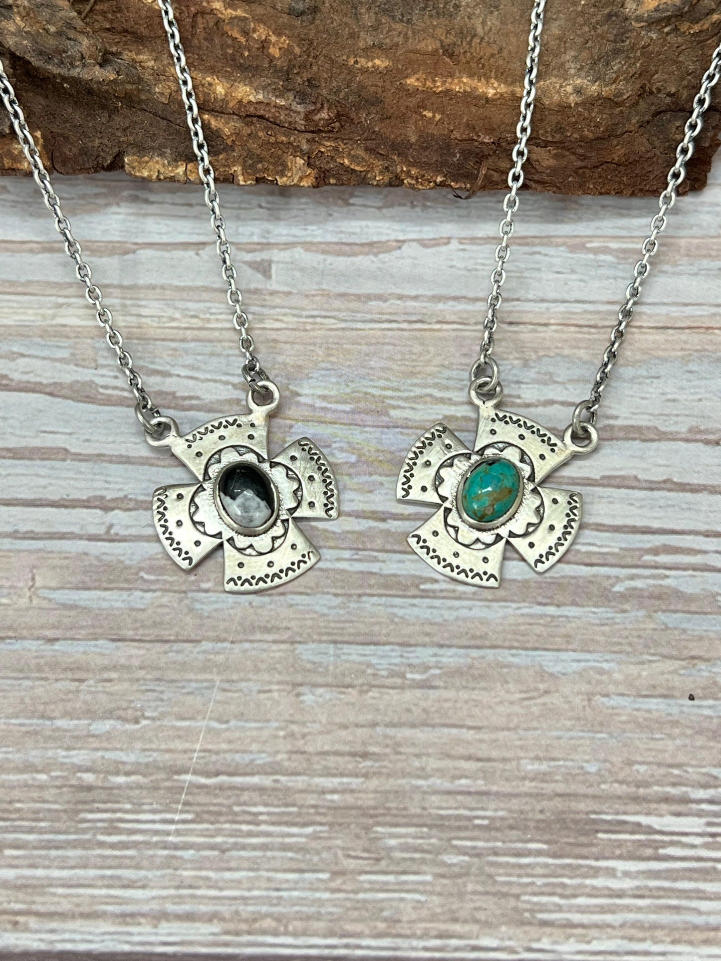 Handmade Sterling Silver Kingman Turquoise, White Buffalo Cross Necklace with Signed Nizhoni