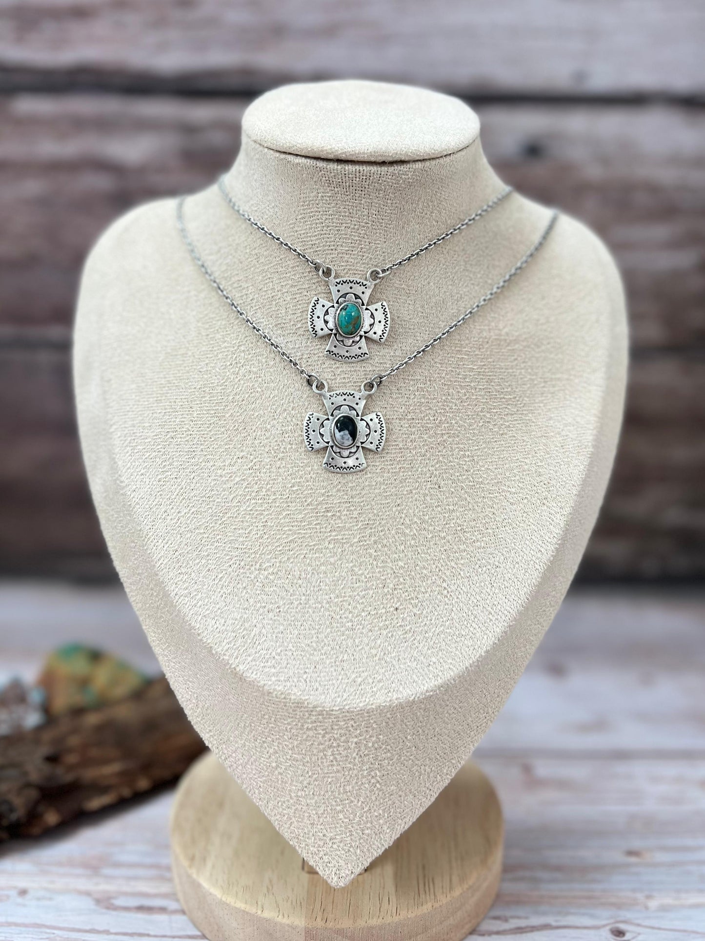 Handmade Sterling Silver Kingman Turquoise, White Buffalo Cross Necklace with Signed Nizhoni