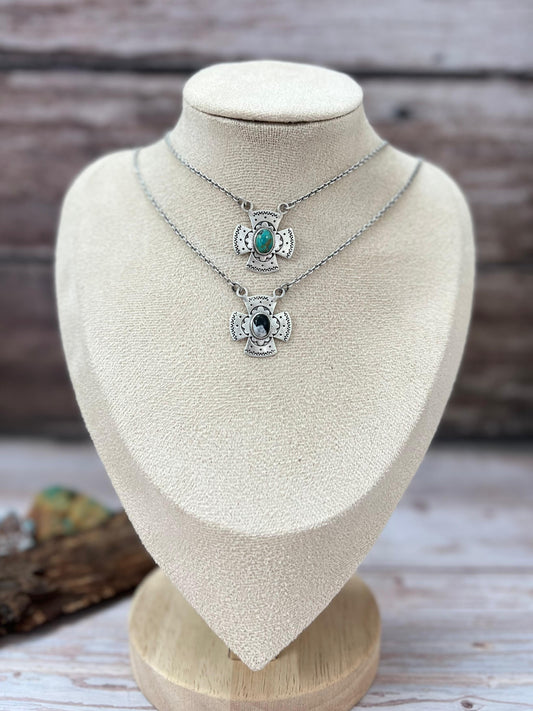 Handmade Sterling Silver Kingman Turquoise, White Buffalo Cross Necklace with Signed Nizhoni