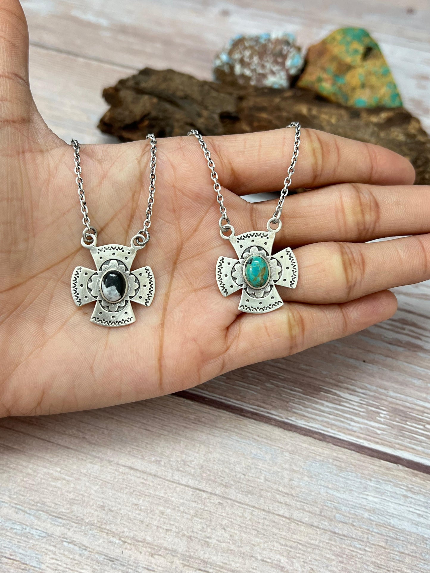 Handmade Sterling Silver Kingman Turquoise, White Buffalo Cross Necklace with Signed Nizhoni