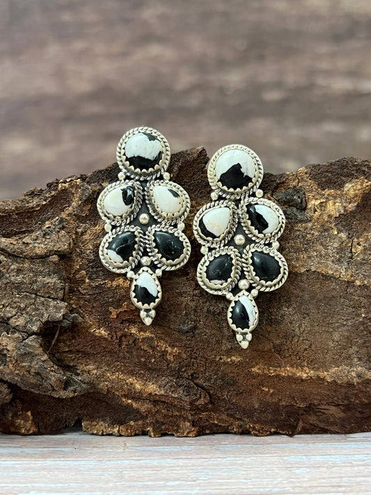 Handmade Sterling Silver White Buffalo Post Earrings with Signed Nizhoni