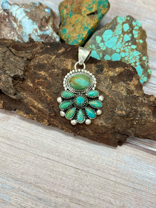 Handmade Sterling Silver Kingman Turquoise Pendant with Signed Nizhoni