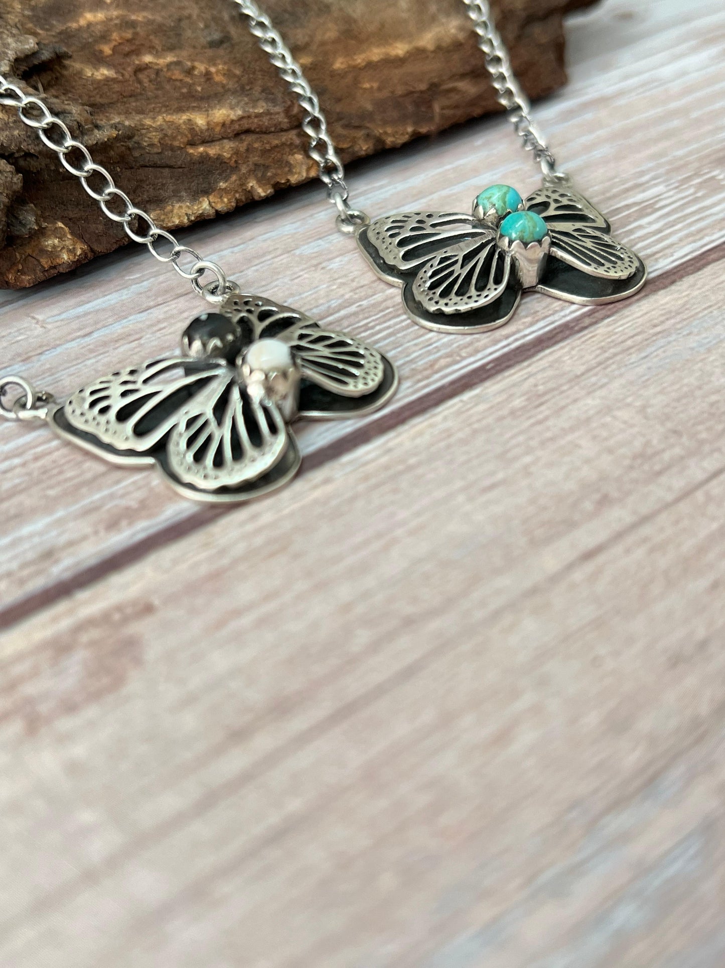 Handmade Sterling Silver Kingman Turquoise, White Buffalo Butterfly Necklace with Signed Nizhoni