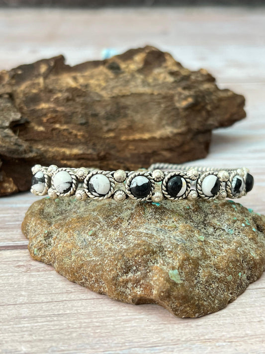 Handmade Sterling Silver White Buffalo Bracelet with Signed Nizhoni