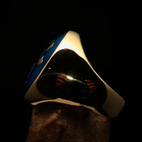 Side angle of polished men's ring showing blue enamel Cross Lorraine on brass base.