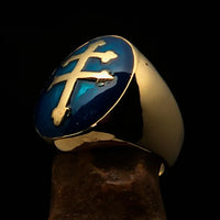 Top view of solid brass men's ring featuring blue Cross Lorraine with glossy enamel finish.