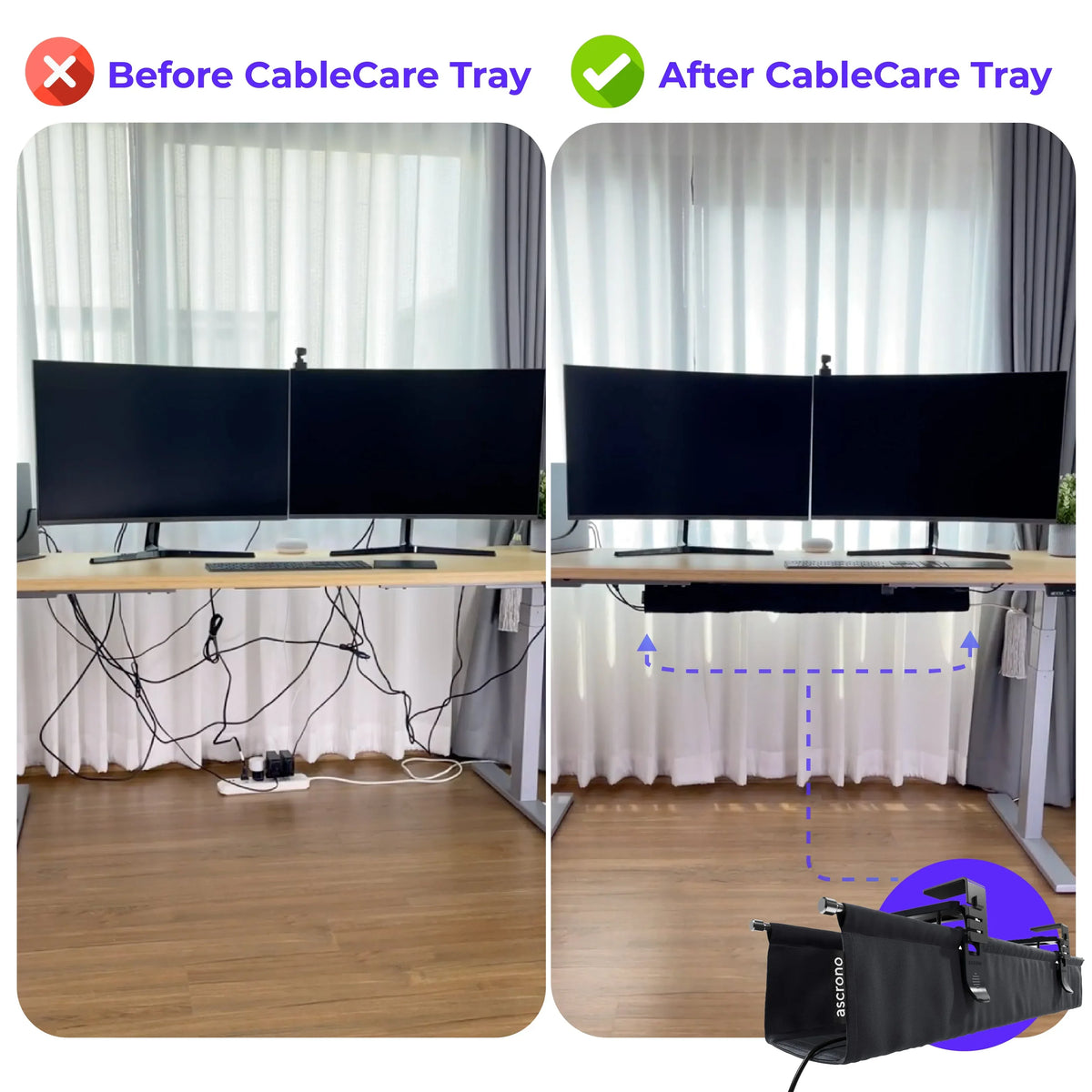 CableCare Tray mounted under desk with cables neatly organized within the black tray.