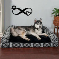 Infinity Paw Heart metal wall art with a pet silhouette and infinity symbol on a dark background.