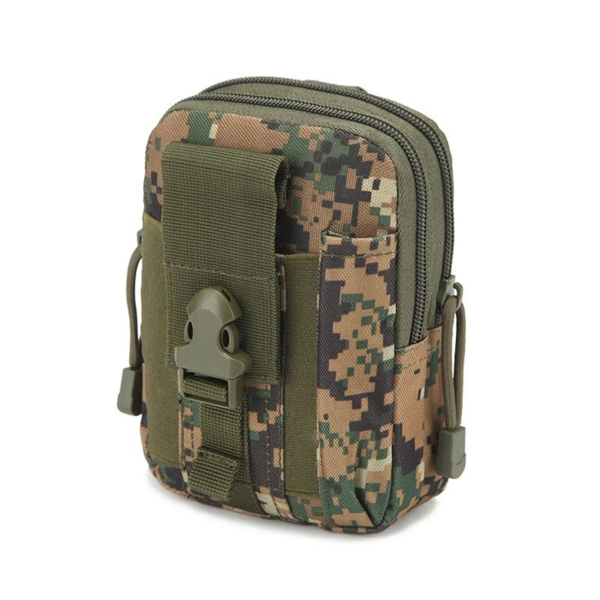 Compact tactical MOLLE pouch waist bag in black with zipper pockets designed for hiking and outdoor activities.