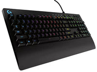 LOGITECH G213 Prodigy RGB gaming keyboard with backlit keys showing vibrant multicolor lighting