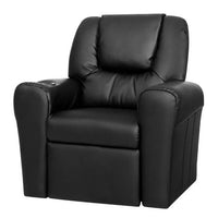 Black kids recliner chair made of PU leather with wide armrests and plush cushioning on a white background.