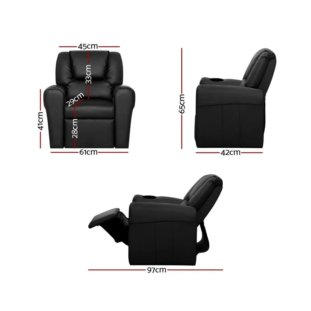 Side view of black kids recliner chair showing cup holder and cushioned armrest in PU leather.