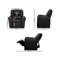 Side view of black kids recliner chair showing cup holder and cushioned armrest in PU leather.