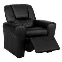 Close-up of cushioned black PU leather kids recliner chair armrest with visible cup holder.