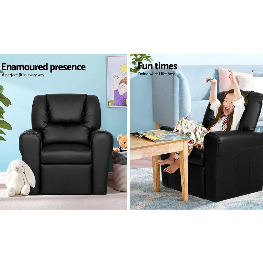 Kids recliner chair in black PU leather with backrest slightly reclined against white backdrop.
