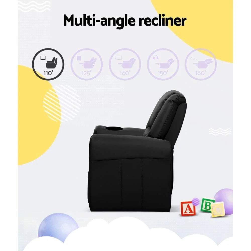 Black kids recliner chair fully reclined showing plush cushioning and sturdy frame.