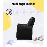 Black kids recliner chair fully reclined showing plush cushioning and sturdy frame.