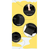 Front angle of black kids recliner chair highlighting soft cushioning and cup holder details.