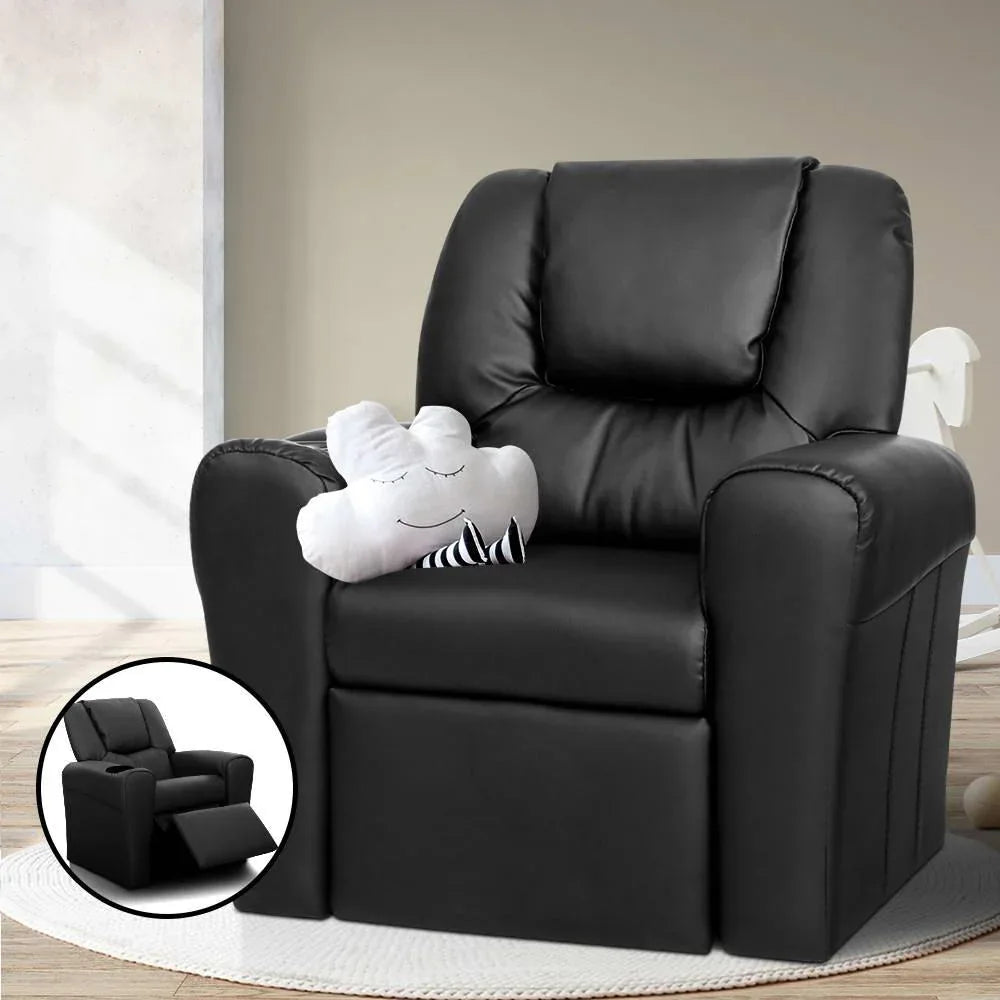 Black kids recliner chair displayed on white background, showcasing full design and recline feature.