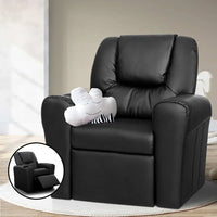 Black kids recliner chair displayed on white background, showcasing full design and recline feature.