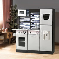 Side view of wooden children’s kitchen playset with storage compartments and appliance details.