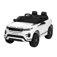 White kids ride on Land Rover Evoque electric car with steering wheel and realistic front design.