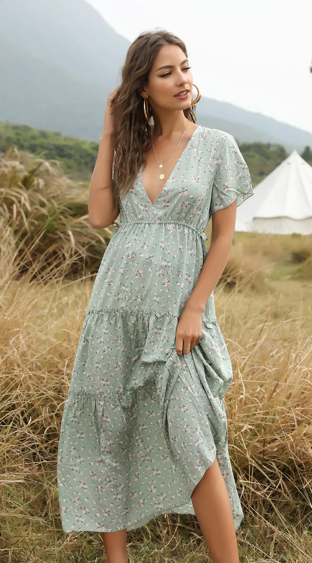 Bohemian Ruffled Floral Maxi Dress with V-Neck
