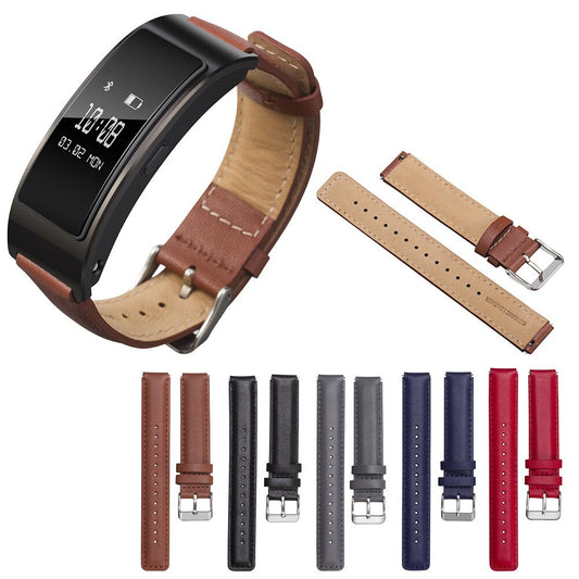 Close-up of brown leather watchband for Huawei Talkband B3 with detailed stitching and buckle.