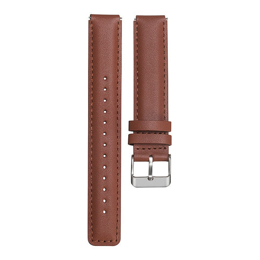 Brown leather watchband laid flat showing smooth finish and metal clasp on white background.