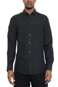 Men's black long sleeve button-down shirt displayed flat with collar and front buttons visible.