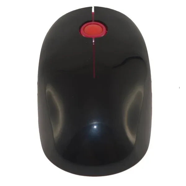 Black and red ergonomic wireless mouse with three buttons on a white background