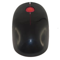 Black and red ergonomic wireless mouse with three buttons on a white background