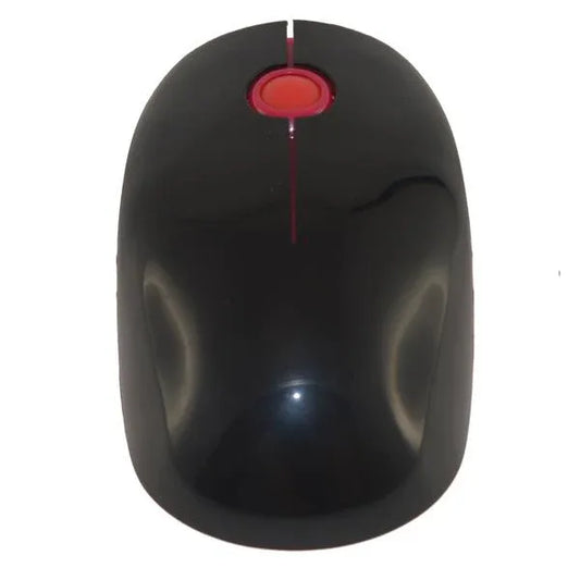 Black and red ergonomic wireless mouse with three buttons on a white background