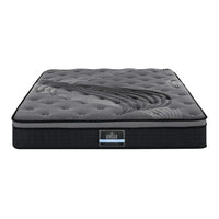 Top down view of black Euro Top mattress highlighting smooth fabric and coil system beneath.