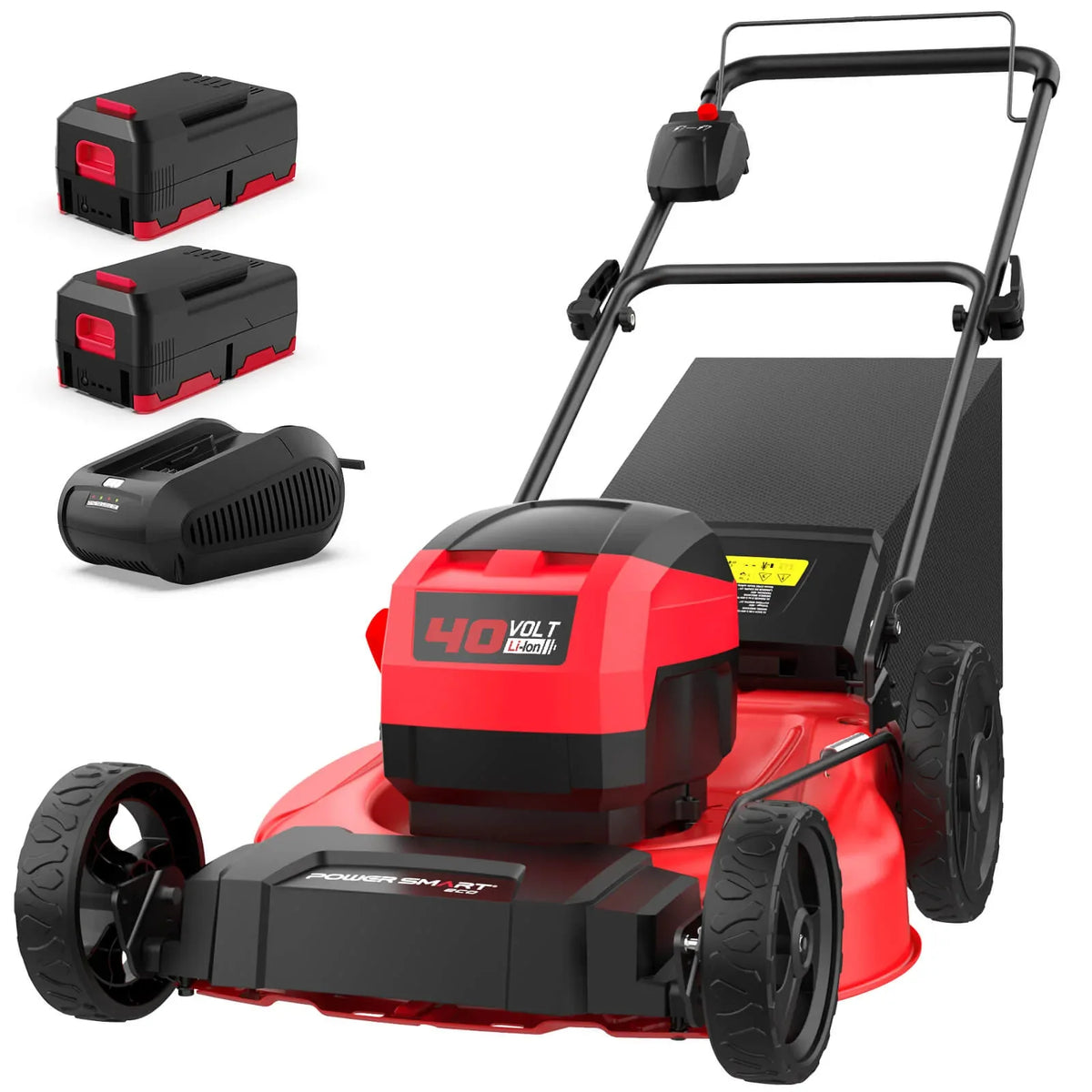 40V cordless push lawn mower with two batteries on green grass outdoors