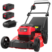 40V cordless push lawn mower with two batteries on green grass outdoors