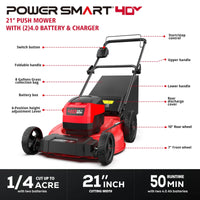 Close-up of the lawn mower's handle with control buttons and comfortable grips