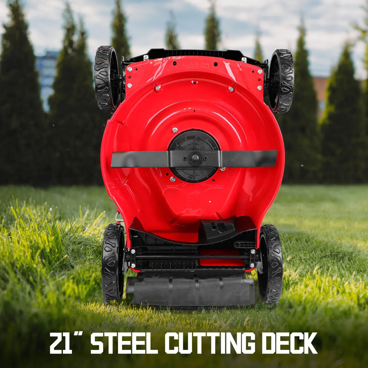Side view of foldable cordless lawn mower showing adjustable cutting height