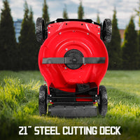 Side view of foldable cordless lawn mower showing adjustable cutting height